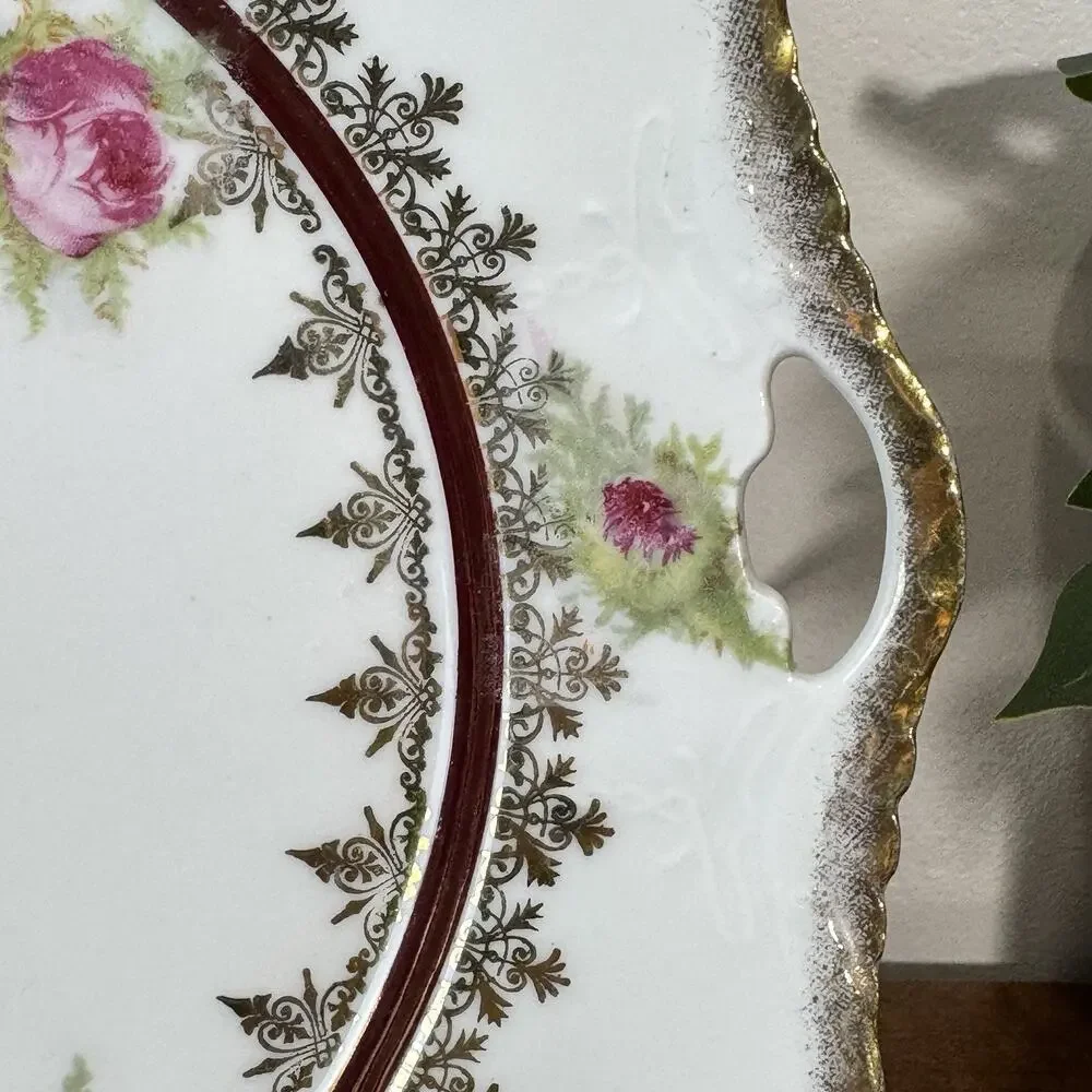 Antique Victorian Handled Cake Plate Pink Roses Gold Encrusted Gilt Burgundy